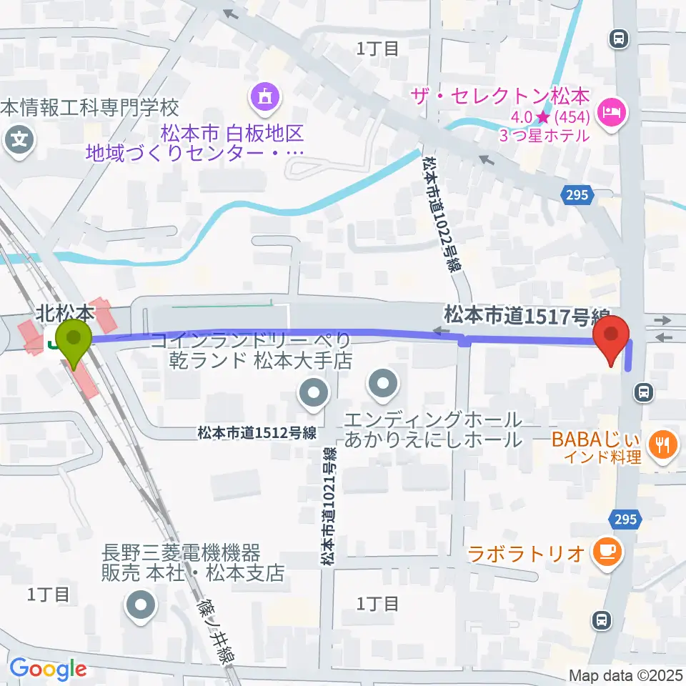 日本ヴァイオリン松本店の最寄駅北松本駅からの徒歩ルート（約6分）地図