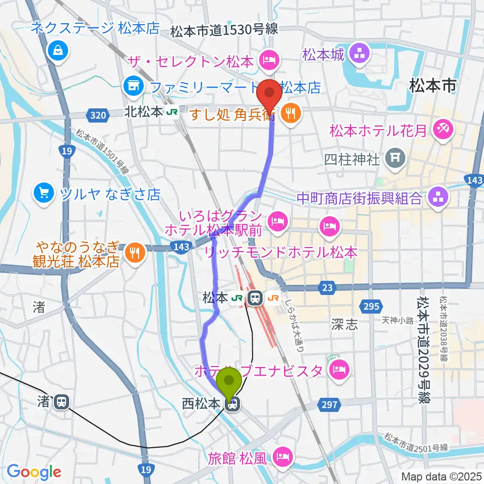 西松本駅から日本ヴァイオリン松本店へのルートマップ地図