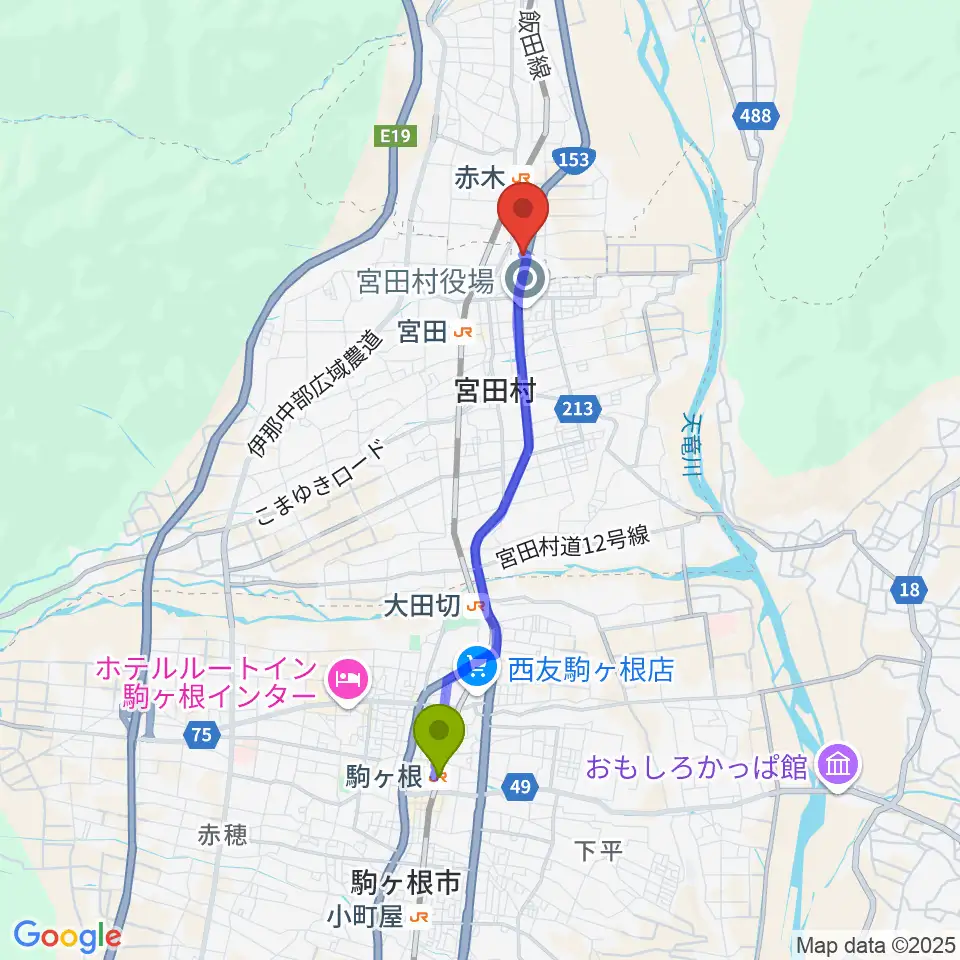 駒ケ根駅からテガミスタジオへのルートマップ地図