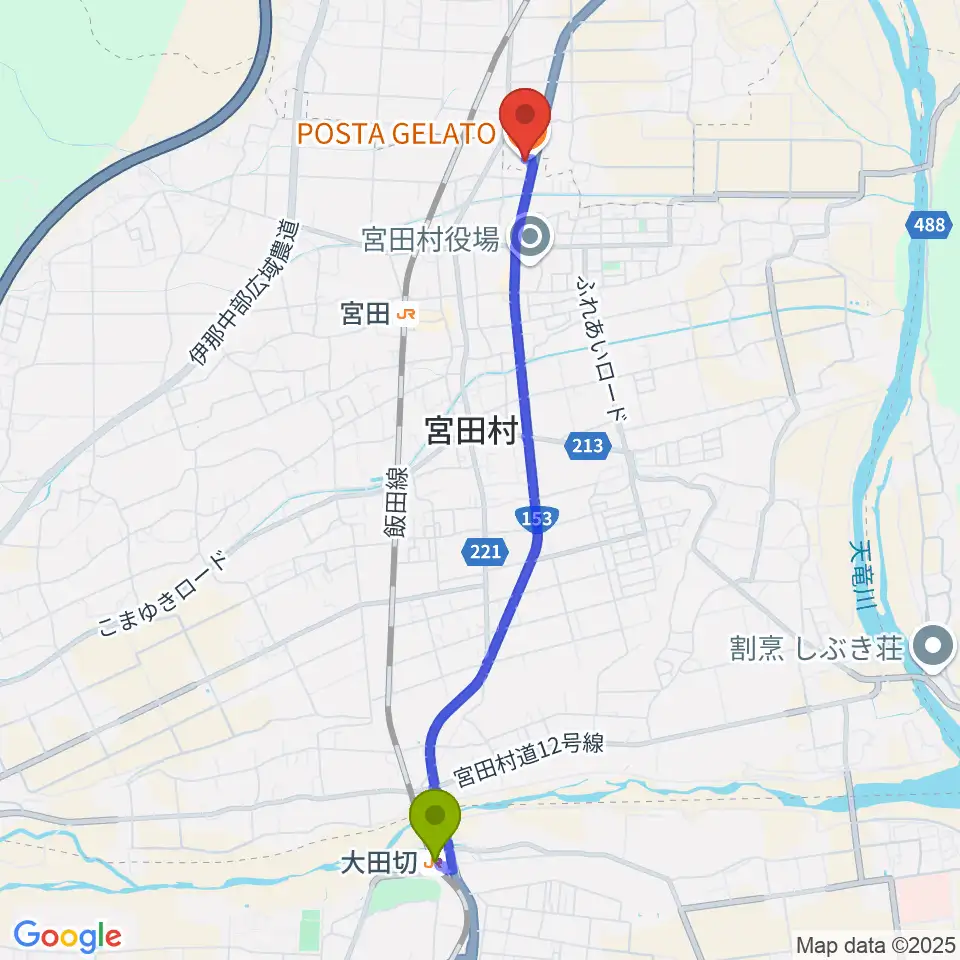 大田切駅からテガミスタジオへのルートマップ地図