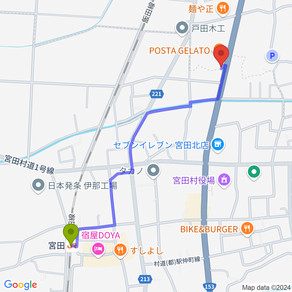 宮田駅からテガミスタジオへのルートマップ地図