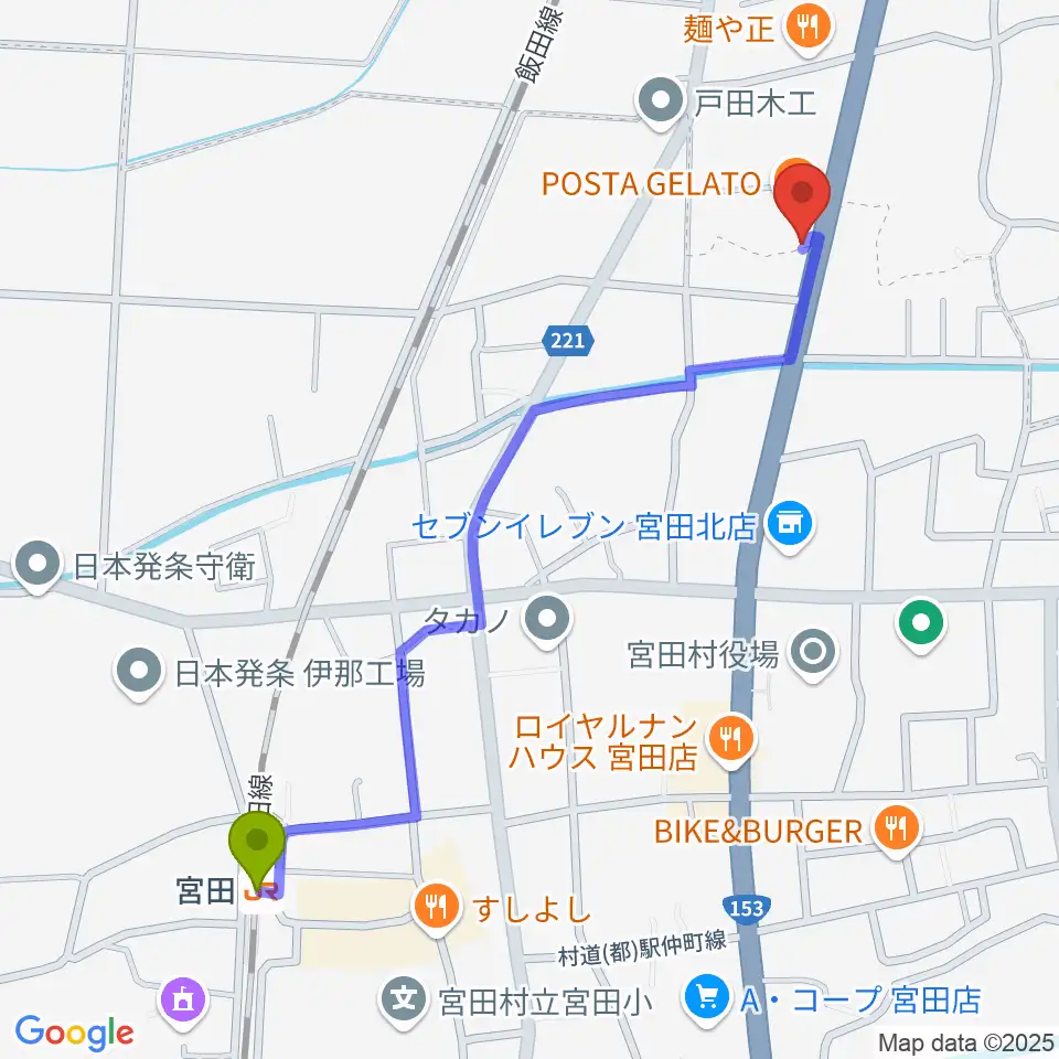 宮田駅からテガミスタジオへのルートマップ地図