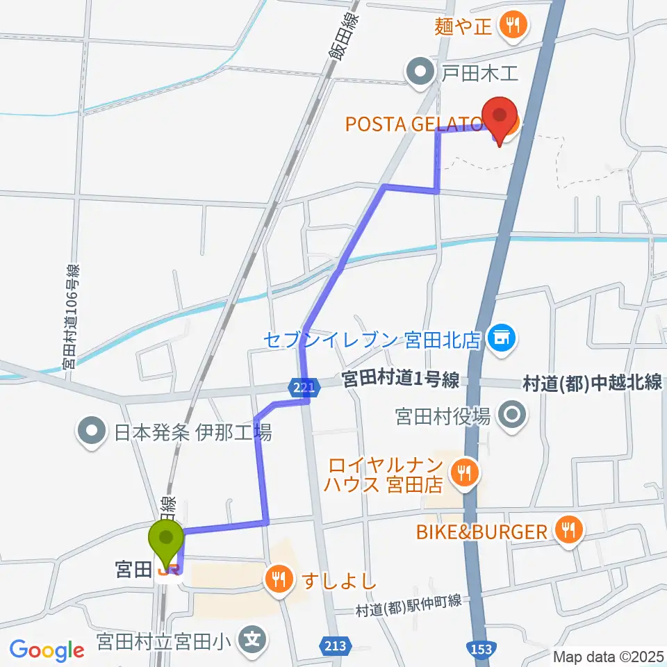 宮田駅からテガミスタジオへのルートマップ地図