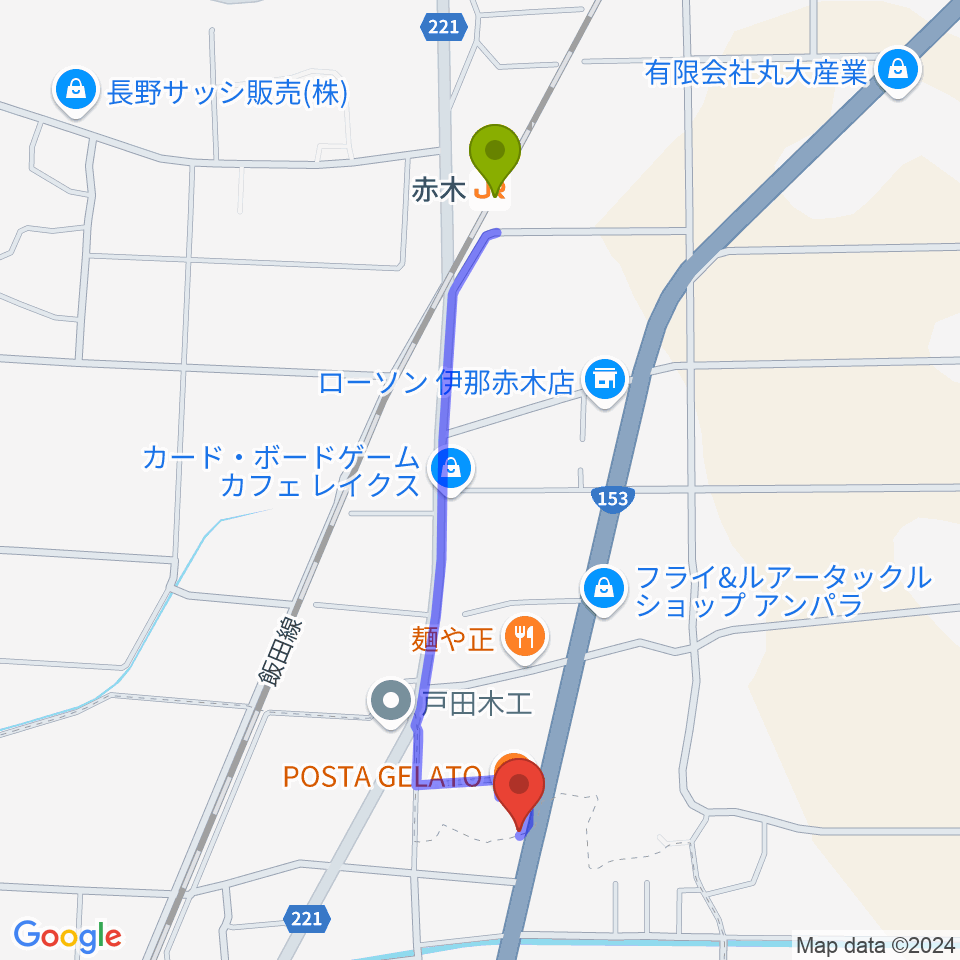 テガミスタジオの最寄駅赤木駅からの徒歩ルート（約10分）地図