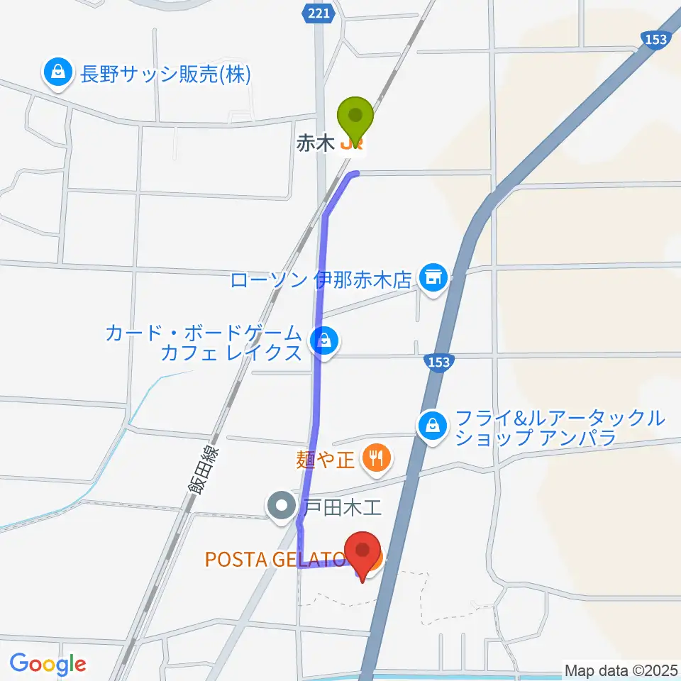 テガミスタジオの最寄駅赤木駅からの徒歩ルート（約10分）地図