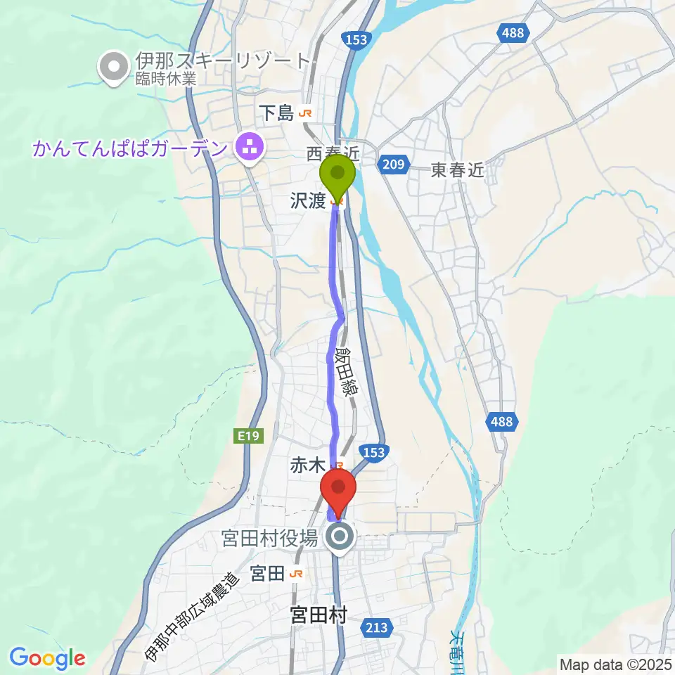 沢渡駅からテガミスタジオへのルートマップ地図