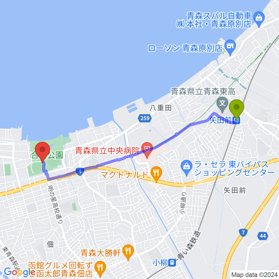 矢田前駅からダイシンベースボールスタジアムへのルートマップ地図