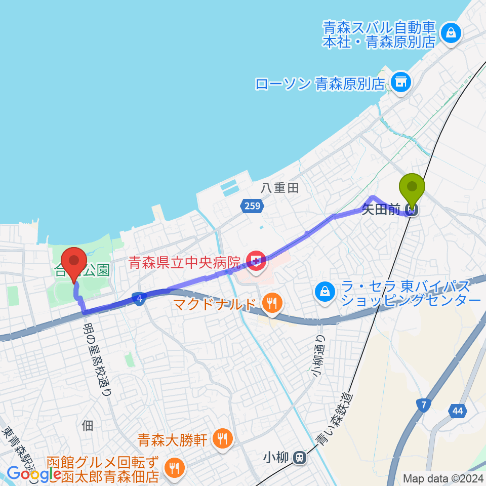 矢田前駅からダイシンベースボールスタジアムへのルートマップ地図