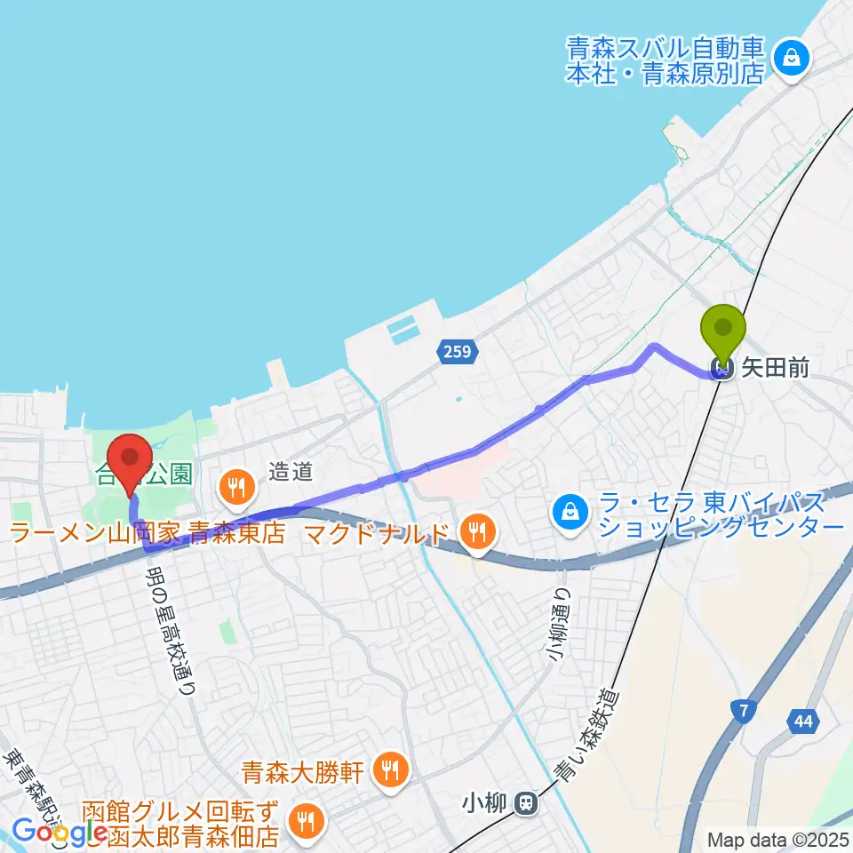 矢田前駅からダイシンベースボールスタジアムへのルートマップ地図