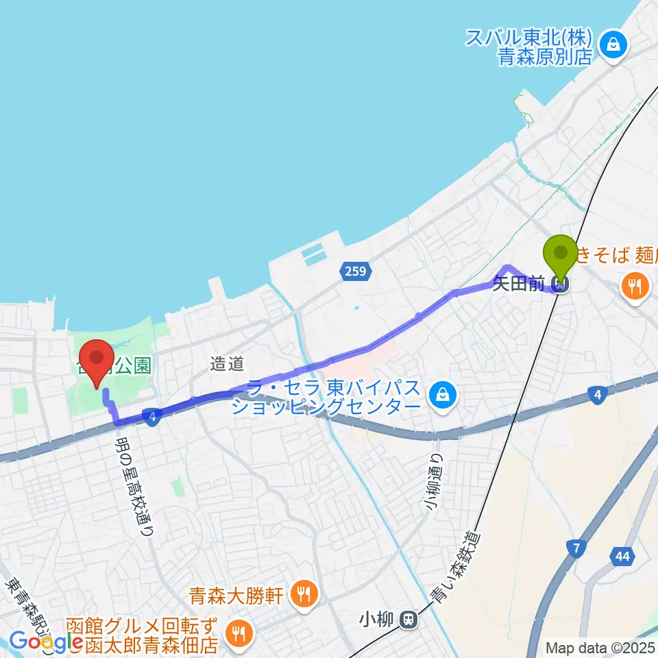矢田前駅からダイシンベースボールスタジアムへのルートマップ地図