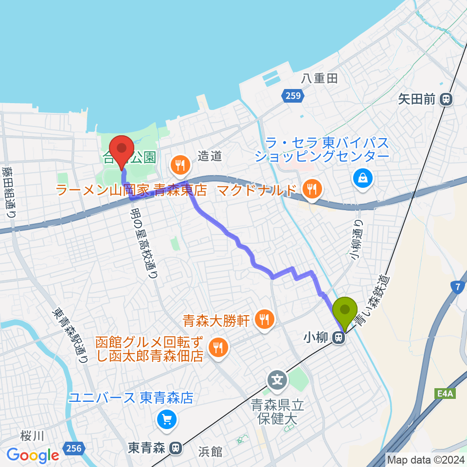 ダイシンベースボールスタジアムの最寄駅小柳駅からの徒歩ルート（約34分）地図