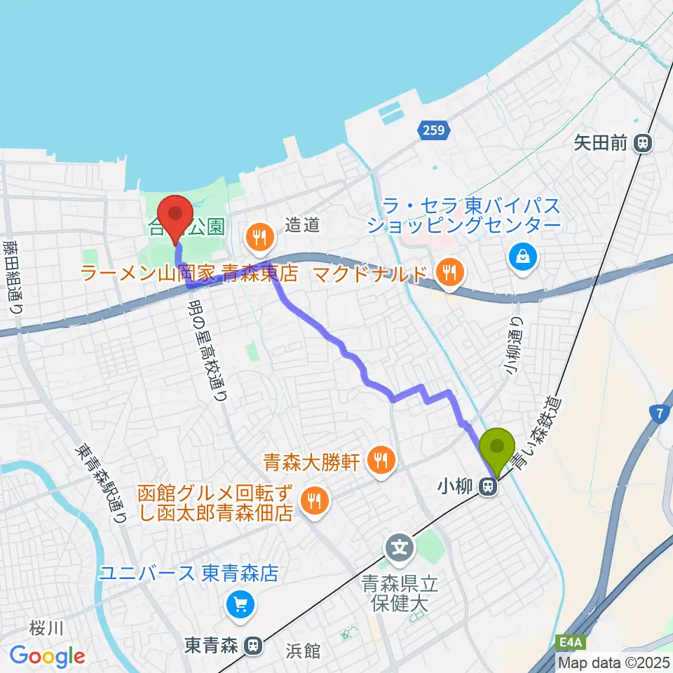 ダイシンベースボールスタジアムの最寄駅小柳駅からの徒歩ルート（約34分）地図