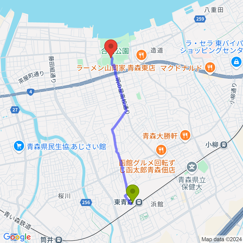 東青森駅からダイシンベースボールスタジアムへのルートマップ地図