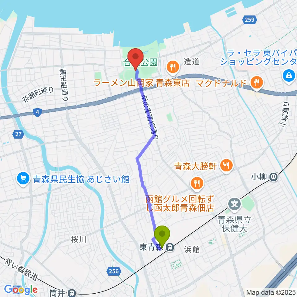 東青森駅からダイシンベースボールスタジアムへのルートマップ地図