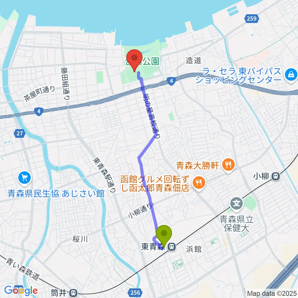 東青森駅からダイシンベースボールスタジアムへのルートマップ地図
