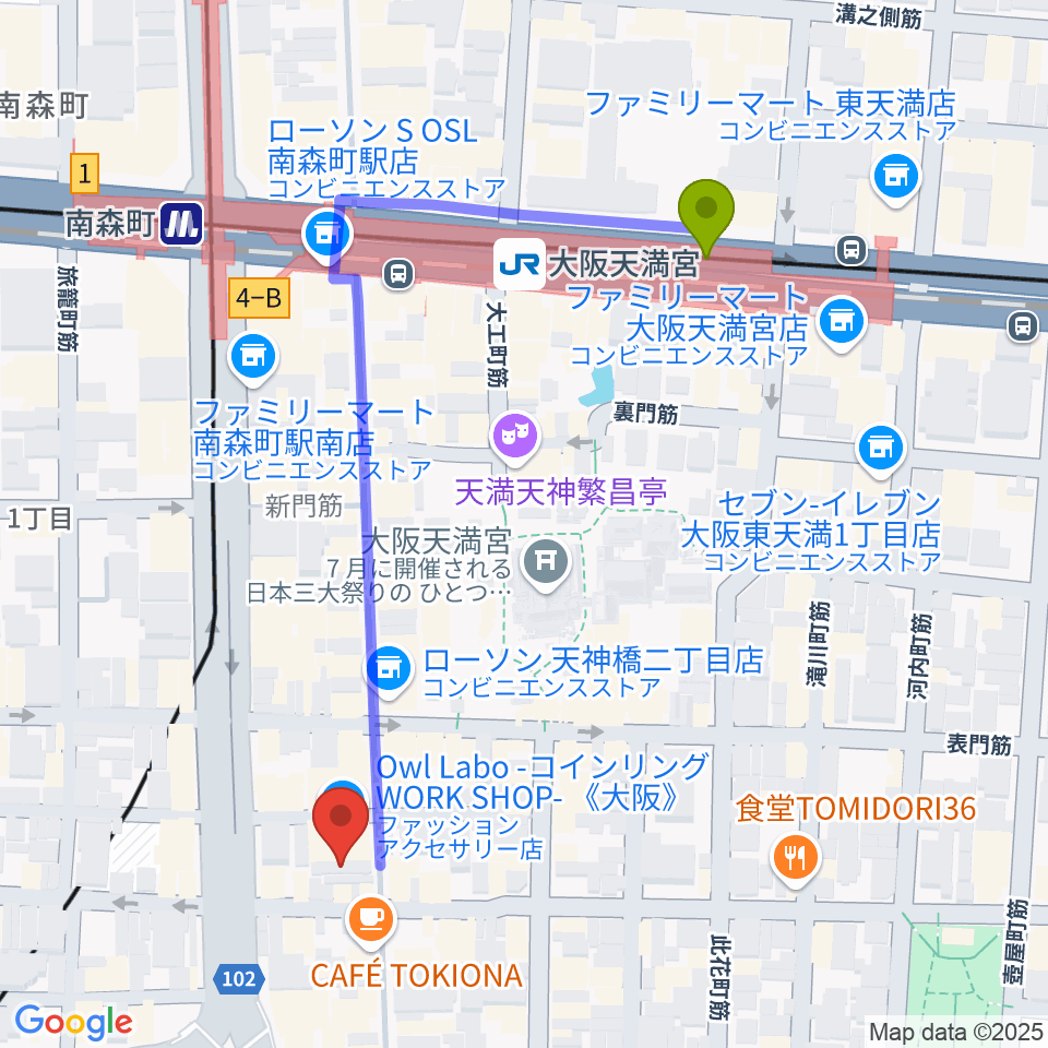 K9 music schoolの最寄駅大阪天満宮駅からの徒歩ルート（約5分）地図