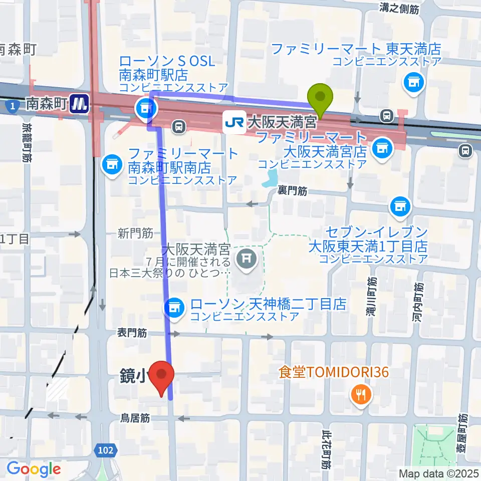K9 music schoolの最寄駅大阪天満宮駅からの徒歩ルート（約5分）地図