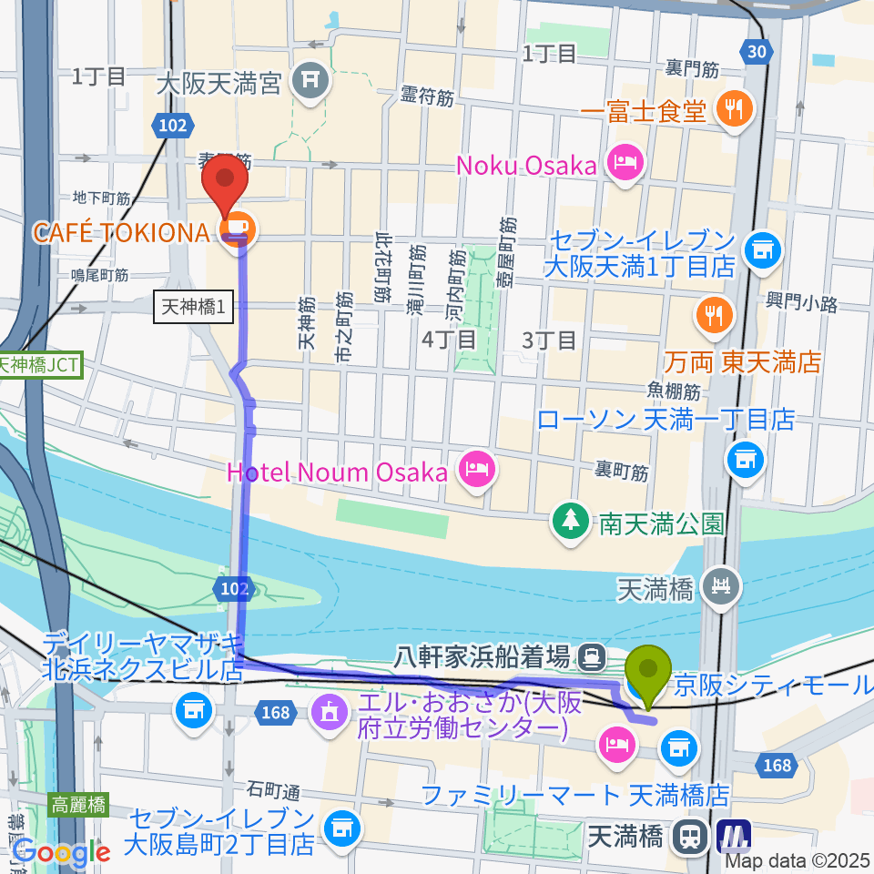 天満橋駅からK9 music schoolへのルートマップ地図