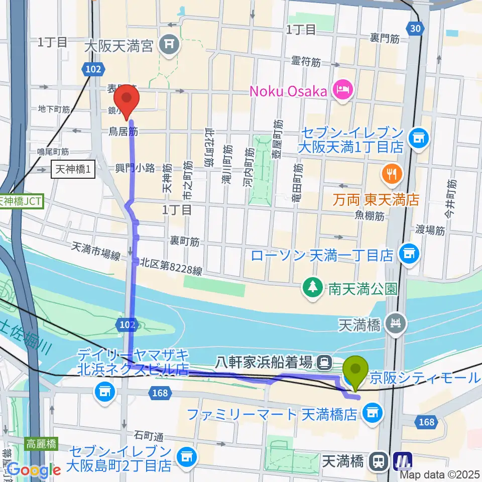 天満橋駅からK9 music schoolへのルートマップ地図