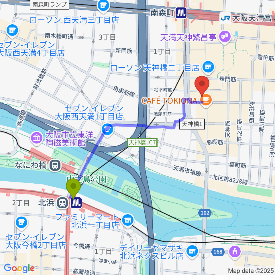 北浜駅からK9 music schoolへのルートマップ地図