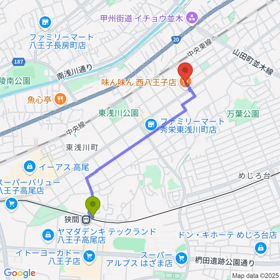 狭間駅からおんがく教室ここのねへのルートマップ地図