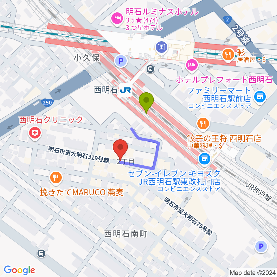 西明石ピアノ＆リハーサルスタジオ9thの最寄駅西明石駅からの徒歩ルート（約2分）地図