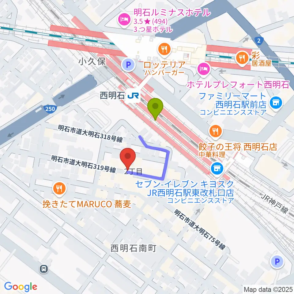 西明石ピアノ＆リハーサルスタジオ9thの最寄駅西明石駅からの徒歩ルート（約2分）地図