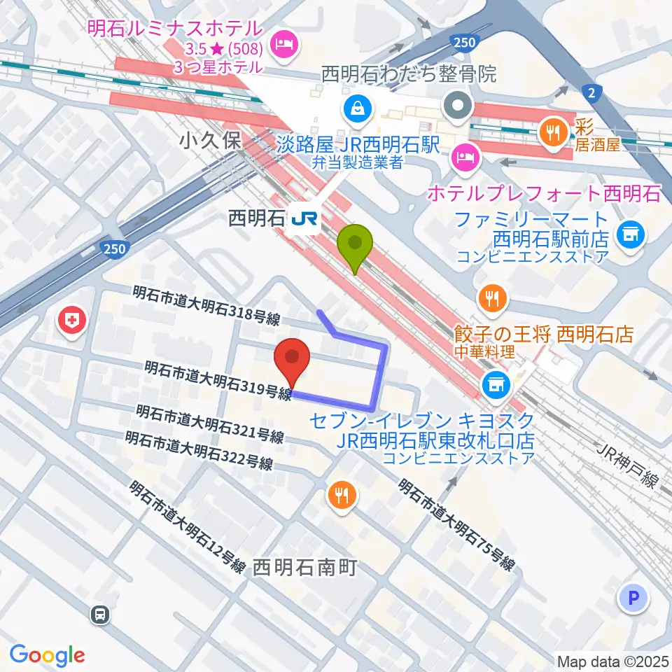 studio9thの最寄駅西明石駅からの徒歩ルート（約2分）地図
