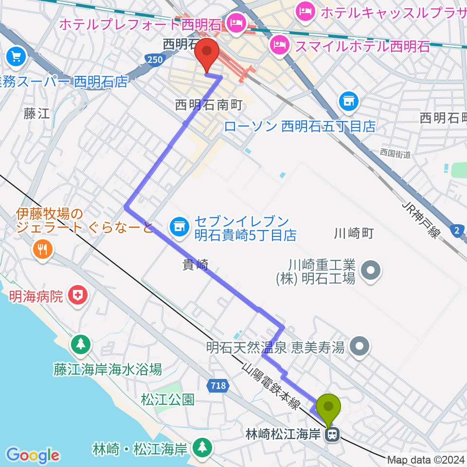 林崎松江海岸駅から西明石ピアノ＆リハーサルスタジオ9thへのルートマップ地図