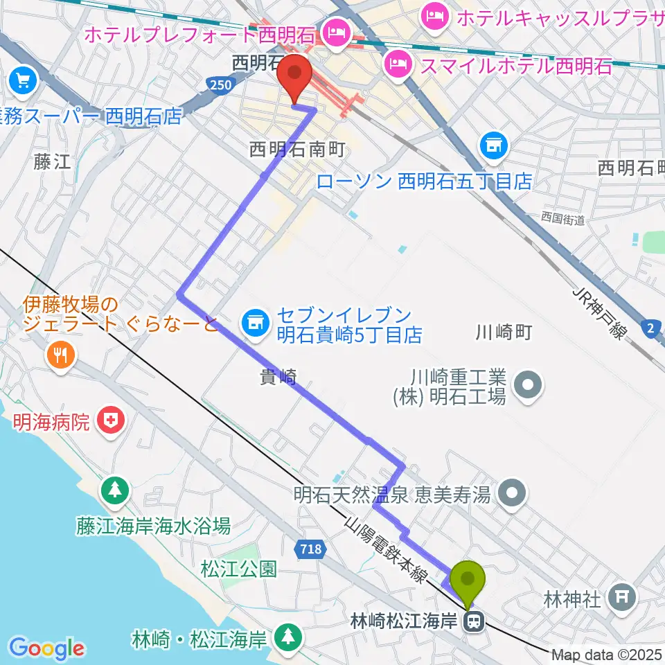 林崎松江海岸駅から西明石ピアノ＆リハーサルスタジオ9thへのルートマップ地図