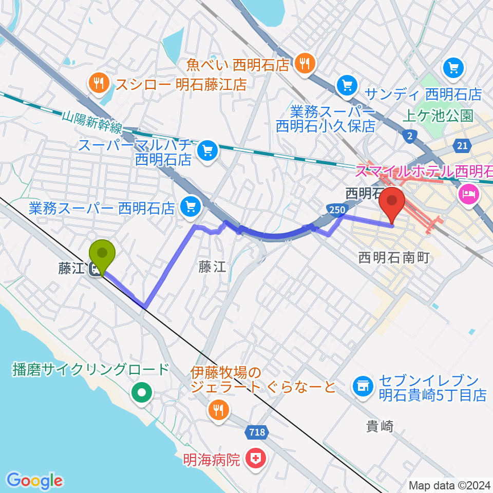 藤江駅から西明石ピアノ＆リハーサルスタジオ9thへのルートマップ地図