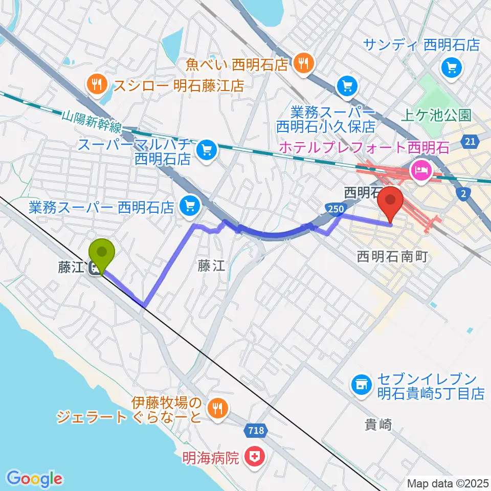 藤江駅から西明石ピアノ＆リハーサルスタジオ9thへのルートマップ地図