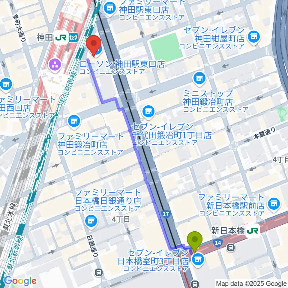 新日本橋駅からスタジオ音楽館 神田駅前へのルートマップ地図