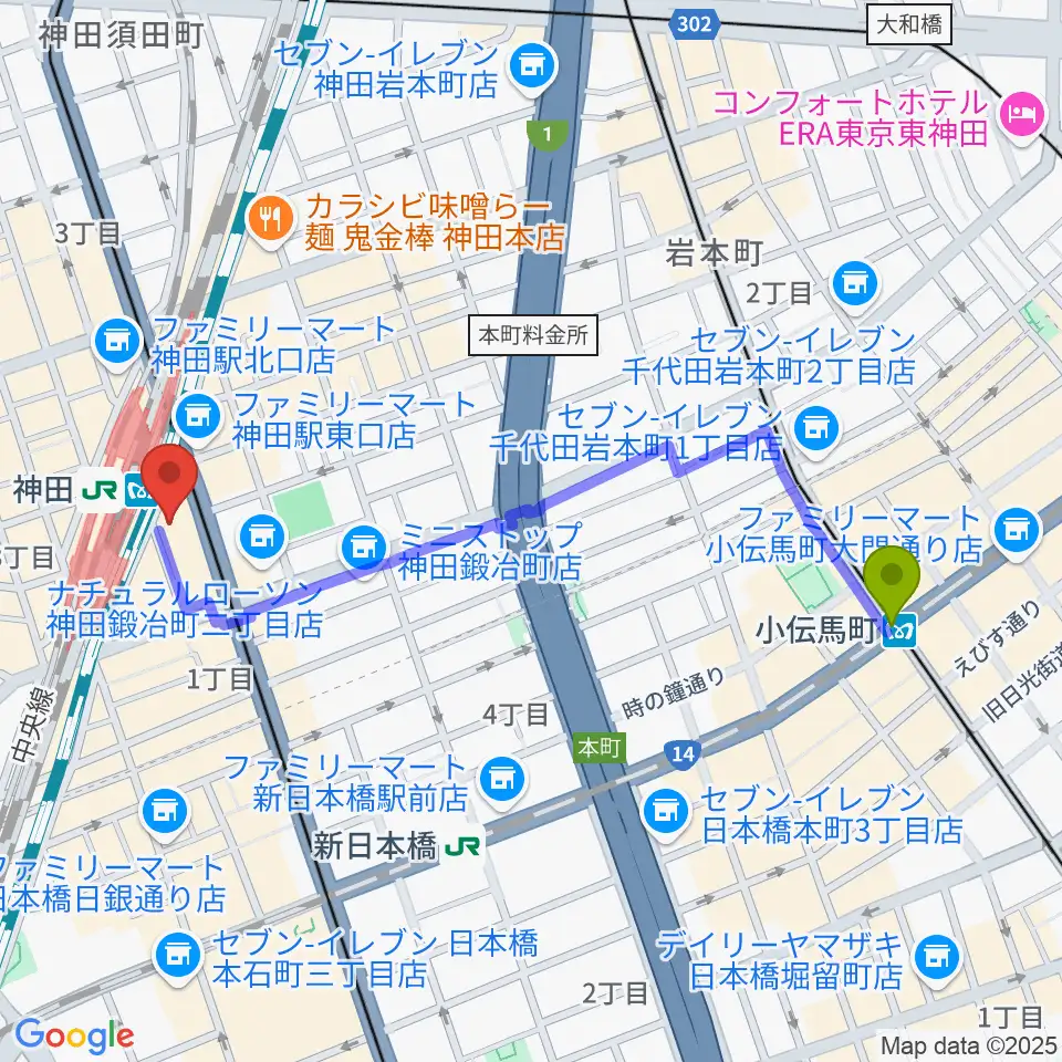 小伝馬町駅からスタジオ音楽館 神田駅前へのルートマップ地図