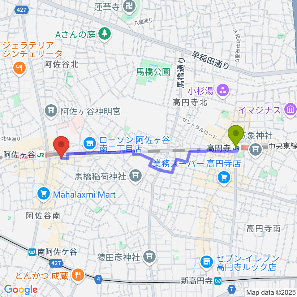 高円寺駅からスタジオ音楽館 阿佐ヶ谷へのルートマップ地図