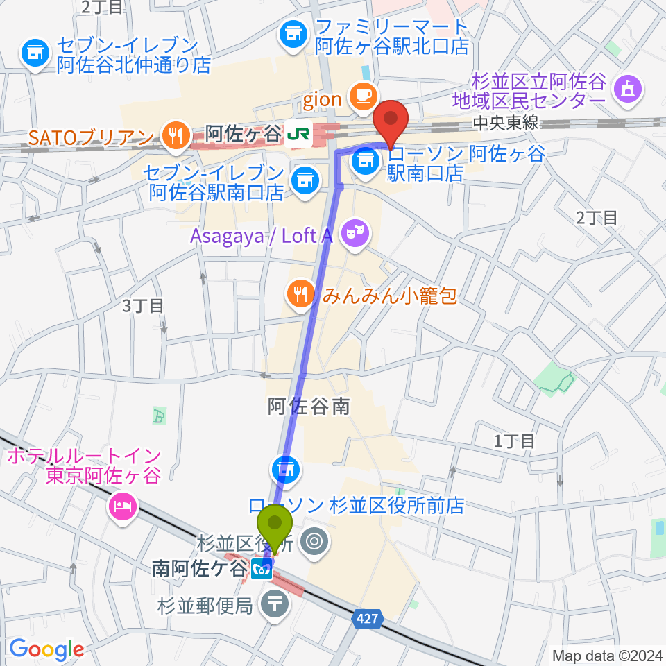 南阿佐ケ谷駅からスタジオ音楽館 阿佐ヶ谷へのルートマップ地図