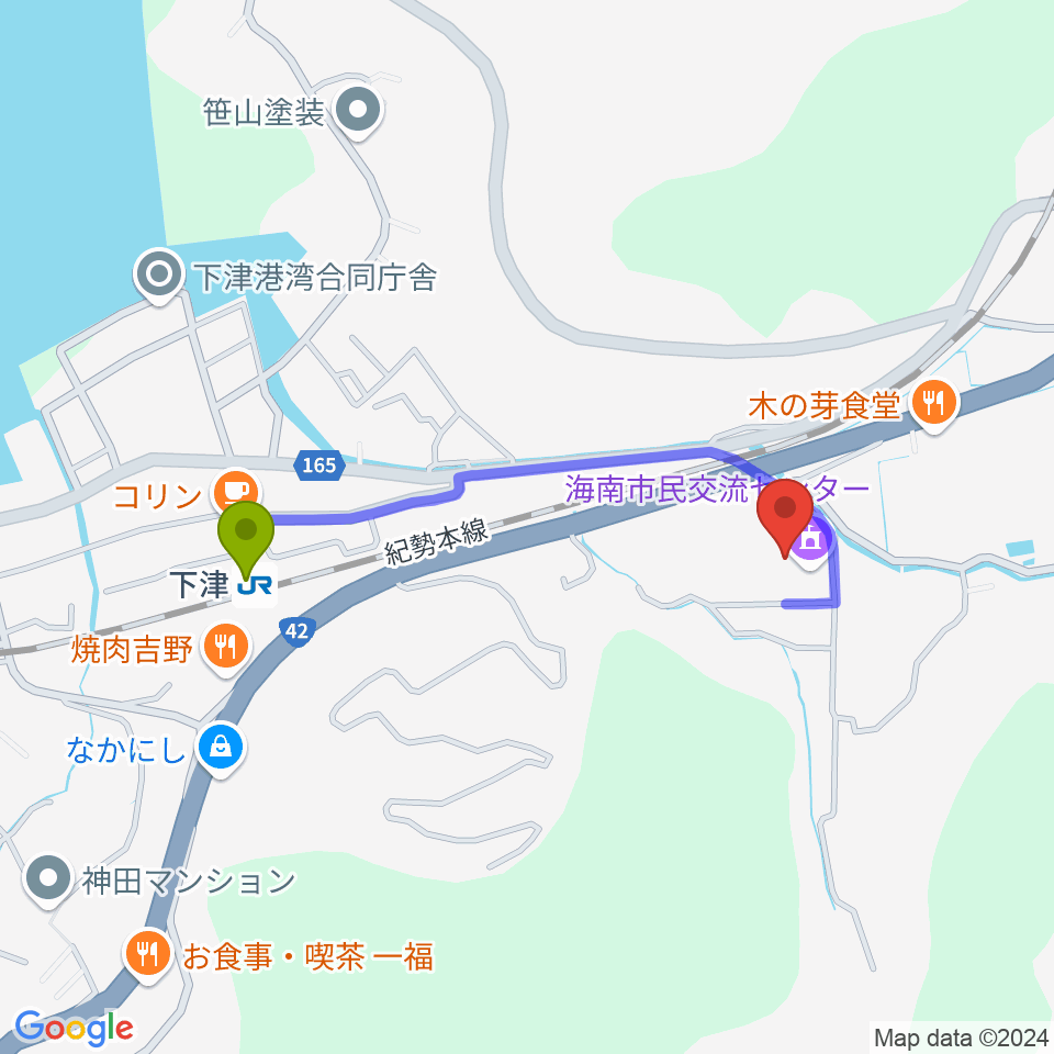 海南市民交流センターの最寄駅下津駅からの徒歩ルート（約8分）地図