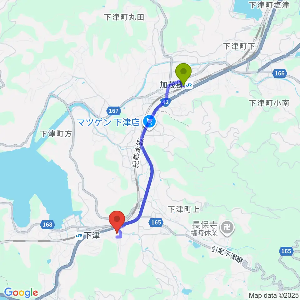 加茂郷駅から海南市民交流センターへのルートマップ地図