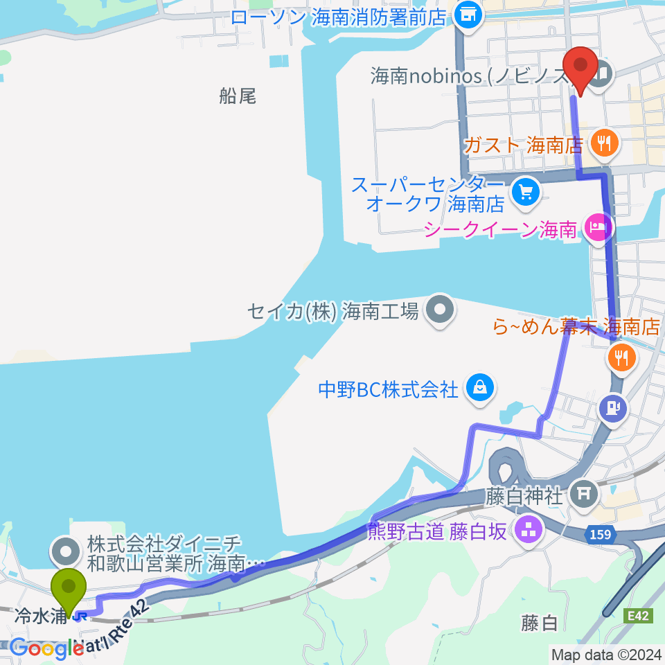 冷水浦駅から海南nobinosへのルートマップ地図