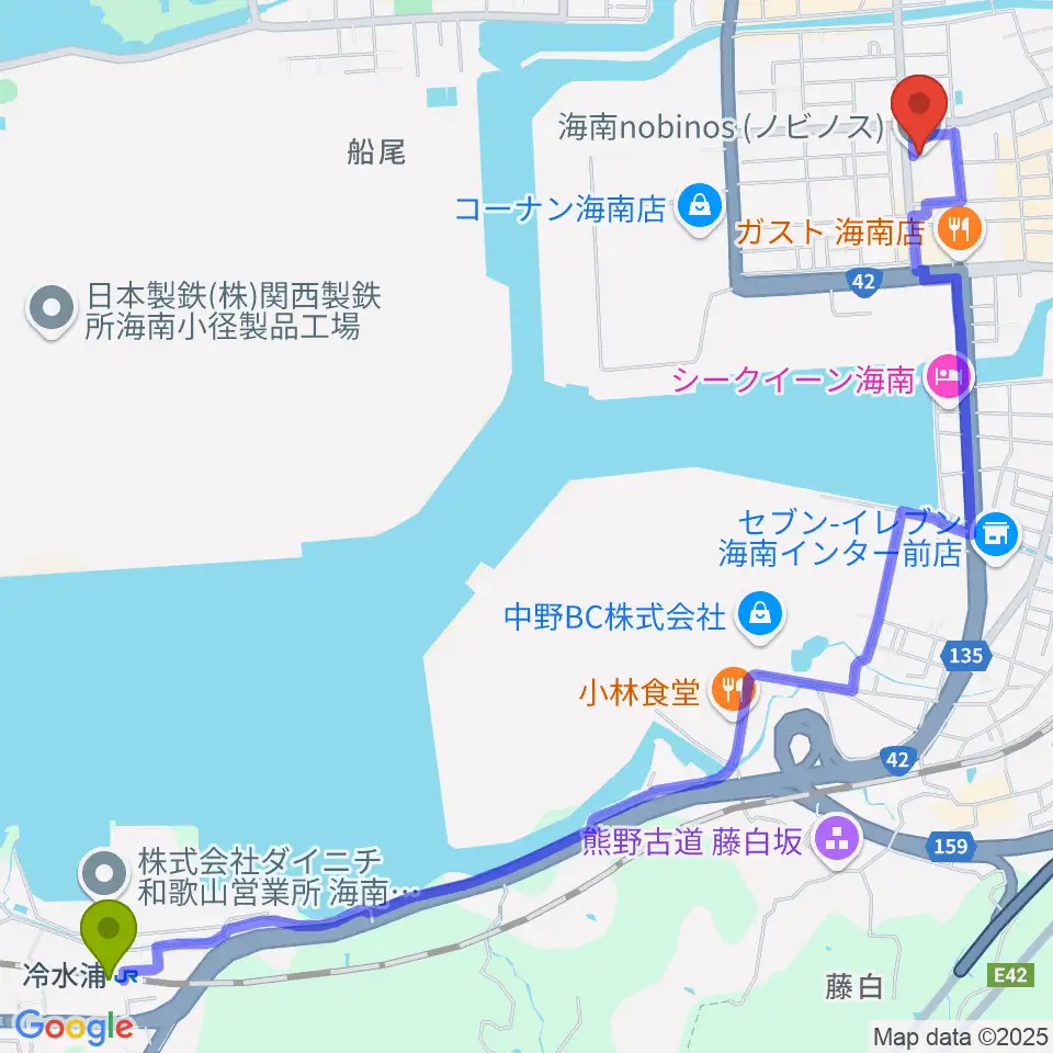 冷水浦駅から海南nobinosへのルートマップ地図