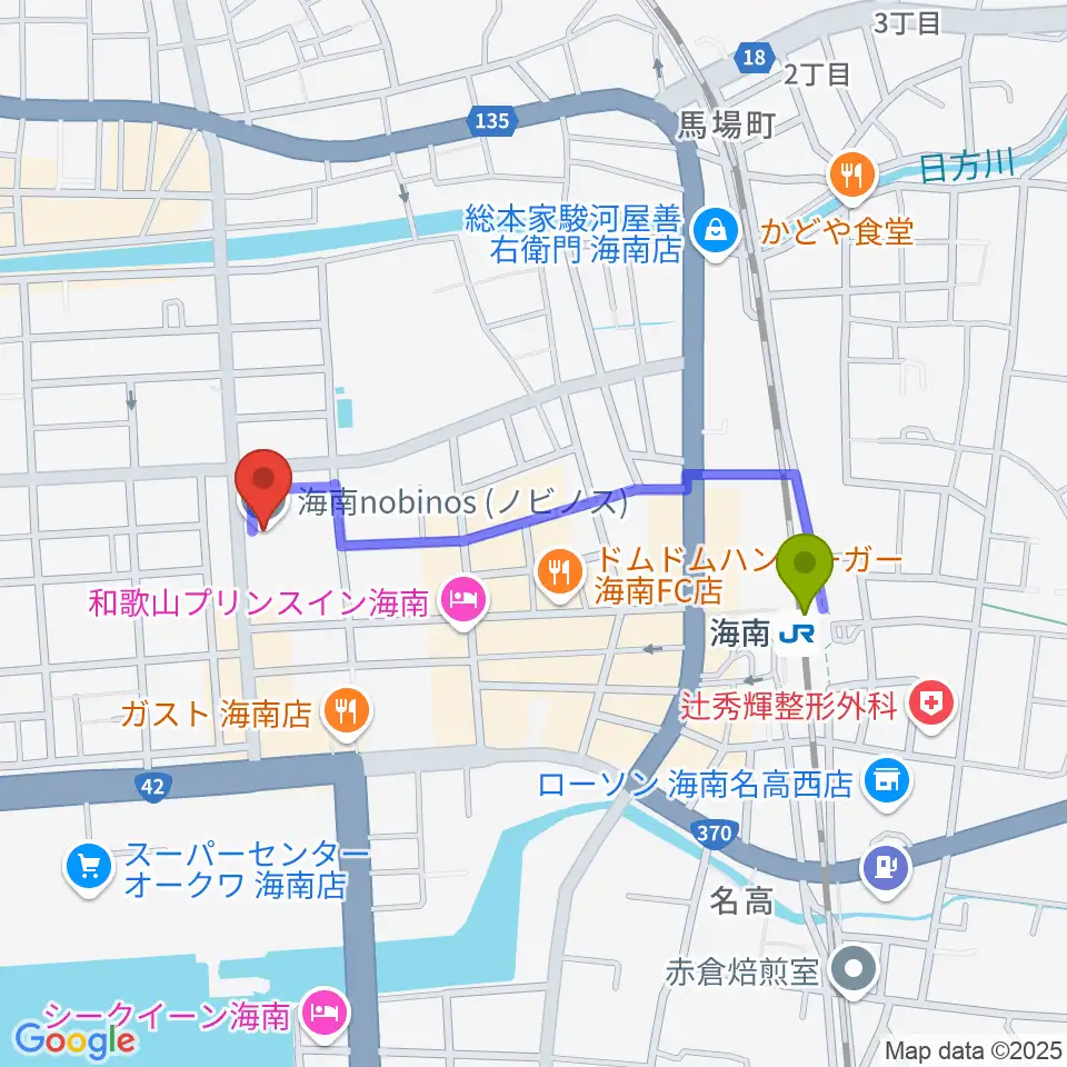 海南nobinosの最寄駅海南駅からの徒歩ルート（約8分）地図