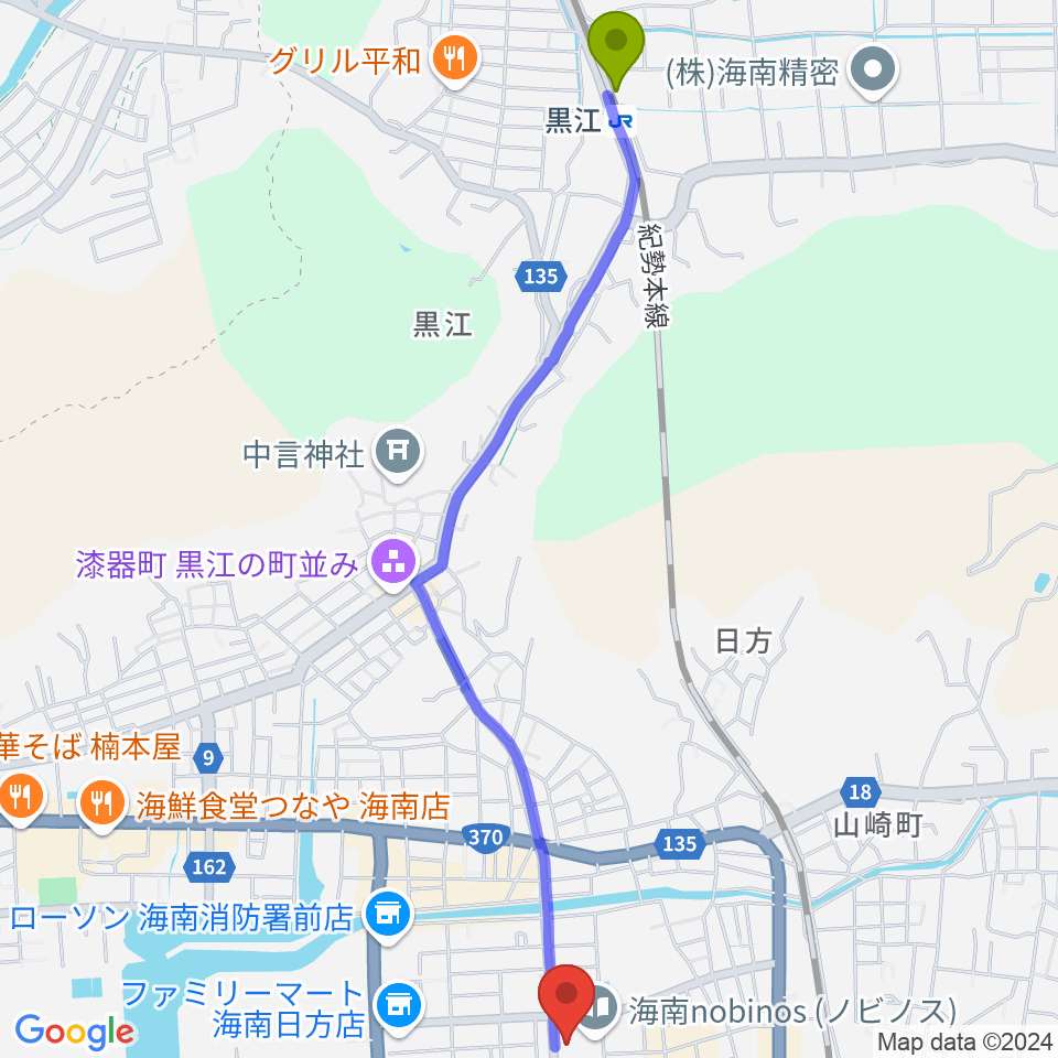 黒江駅から海南nobinosへのルートマップ地図