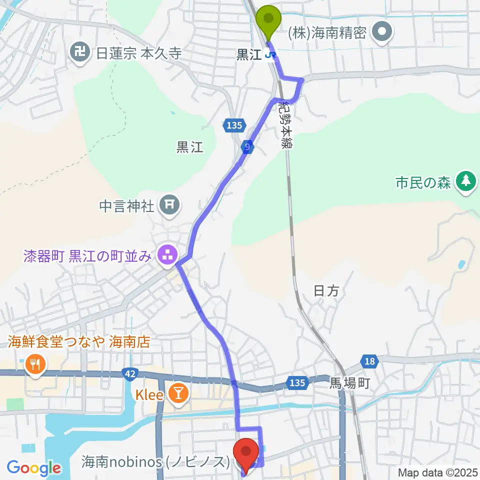 黒江駅から海南nobinosへのルートマップ地図
