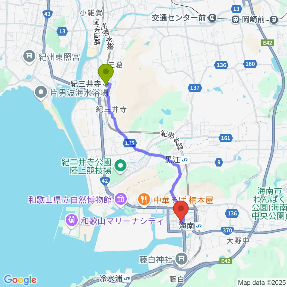 紀三井寺駅から海南nobinosへのルートマップ地図