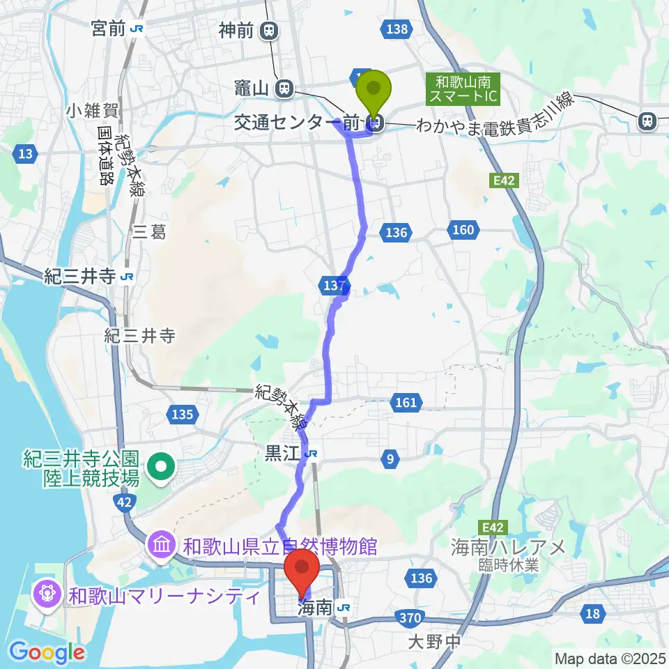 交通センター前駅から海南nobinosへのルートマップ地図