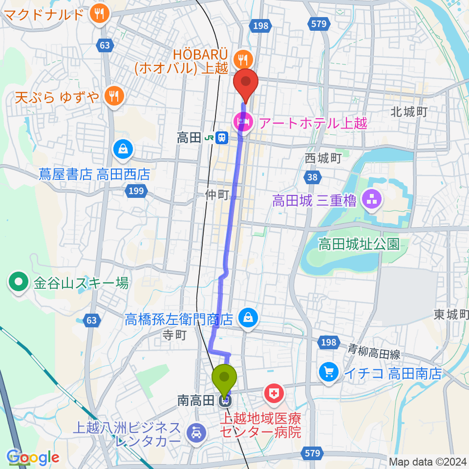 南高田駅から高田世界館へのルートマップ地図