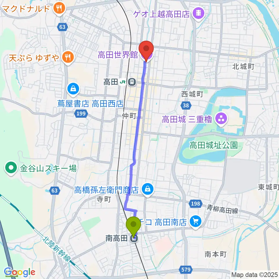 南高田駅から高田世界館へのルートマップ地図