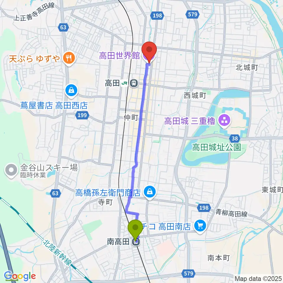 南高田駅から高田世界館へのルートマップ地図