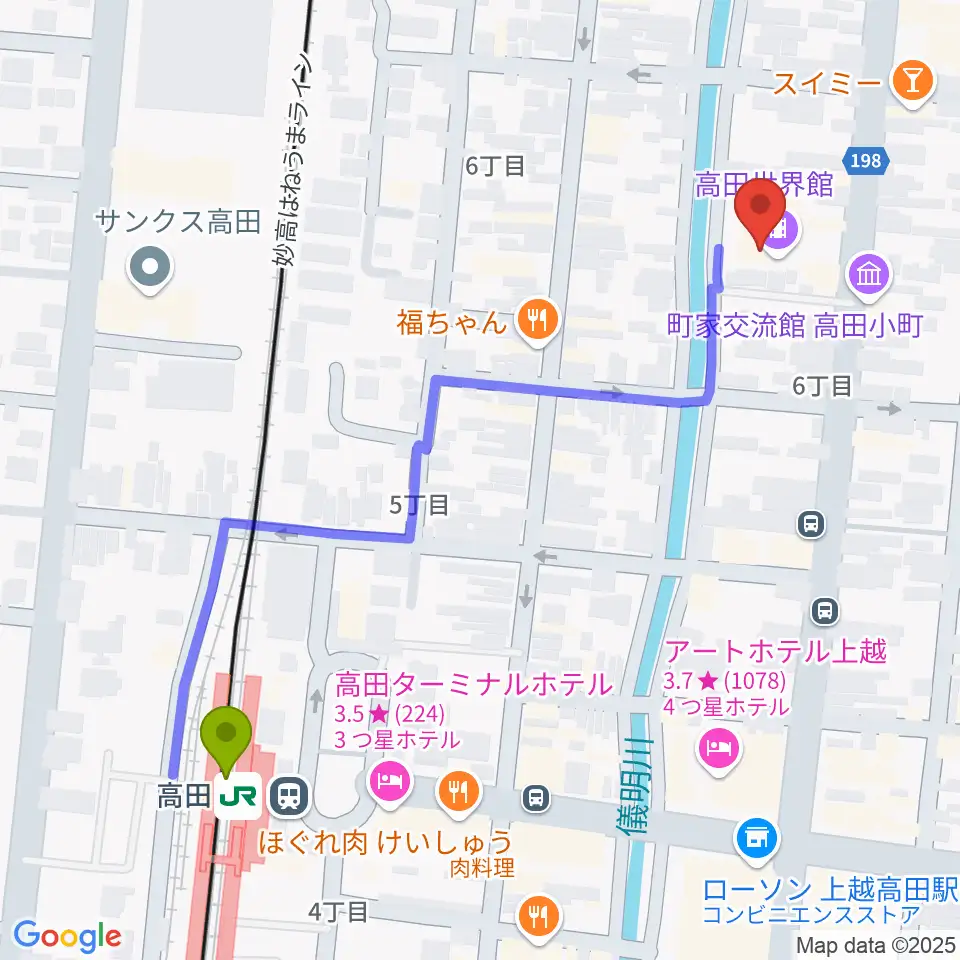 高田世界館の最寄駅高田駅からの徒歩ルート（約6分）地図