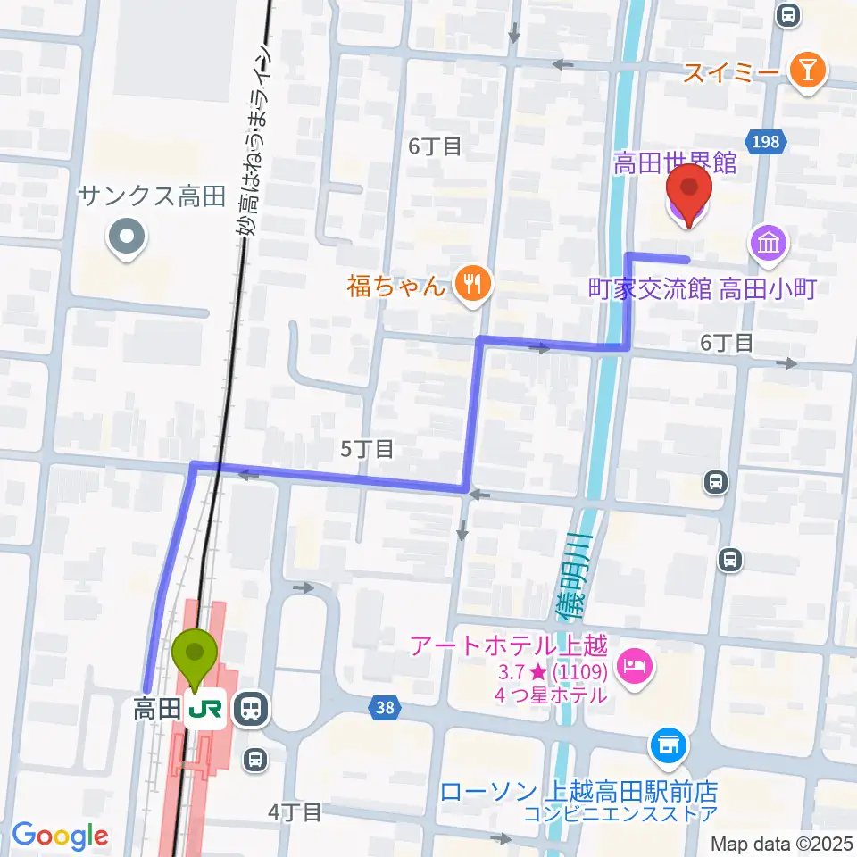 高田世界館の最寄駅高田駅からの徒歩ルート（約6分）地図
